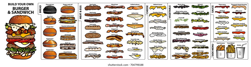 Set of isolated ingredients for build your own burger and sandwich. Cute hand drawn style in colorful and black outline on white background. 