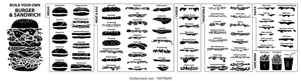 Set of isolated ingredients for build your own burger and sandwich. Cute hand drawn style in silhouette on white background. 