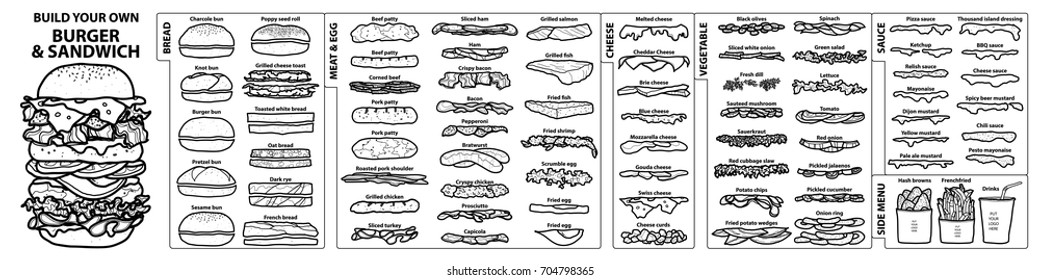 Set of isolated ingredients for build your own burger and sandwich. Cute hand drawn style in black outline and white plane on white background. 