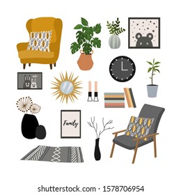 A set of isolated interior and furniture items - armchairs, pillows, vases and flower pots, a clock, a mirror, a rug and more. Vector flat illustration.