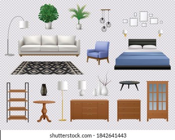 Set of isolated interior icons with realistic images of pieces of designer furniture on transparent background vector illustration