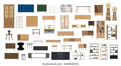 Um conjunto de itens interiores isolados, armários, pedestais, baús de gavetas, vitrines, prateleiras, racks, lateral.