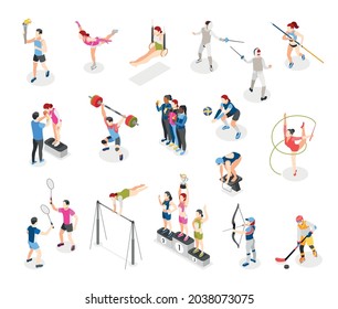 Set of isolated international sport day isometric icons with gymnastic apparatus and characters of performing athletes vector illustration