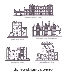 Set of isolated Ireland landmarks in thin line
