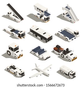 Set of isolated isometric airport cars with passenger vehicles airstairs trucks and airplanes on blank background vector illustration