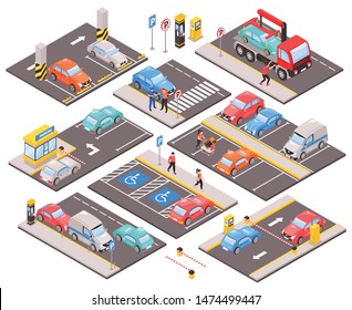 Set With Isolated Isometric Car Parking Images Of Pavement Platforms Parked Cars Street Signs And People Vector Illustration