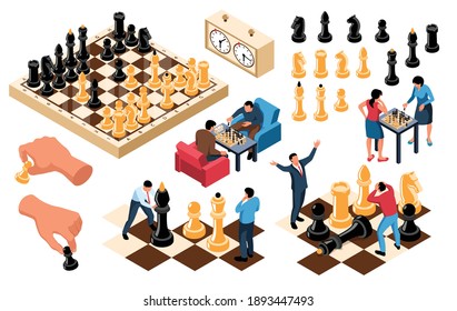 Set of isolated isometric chess icons with images of human hands holding figures and players characters vector illustration