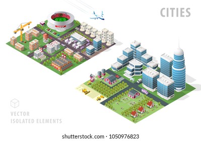 Set of Isolated Isometric City Maps . Elements with Shadows on White Background