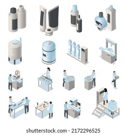 Set with isolated isometric cosmetic production icons with views of factory and laboratory units with workers vector illustration