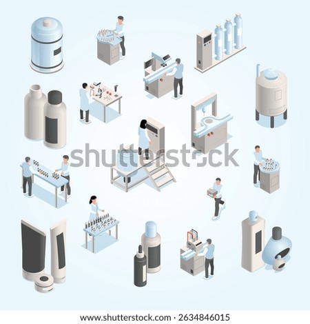 Set with isolated isometric cosmetic production icons with views of factory and laboratory units with workers vector illustration