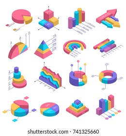 Set of isolated isometric diagrams for infographics with geometrical bodies of different shape with colourful segments vector illustration