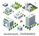 Set of isolated isometric hospital buildings of different sizes and shapes, with surrounding greenery, representing clinic architecture