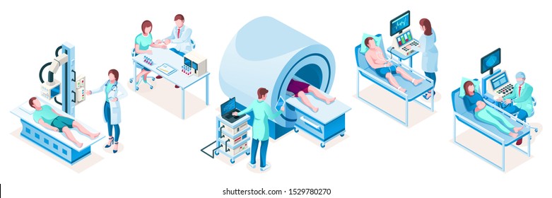 Set of isolated isometric medical technology equipment. Hospital diagnostic tools. MRI tomography ct, obstetric ultrasonography, cardiac medicine, resonance machine, vaccination, blood test.Healthcare