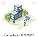 Set of Isolated Isometric Minimal City Elements. Police Department Scene with Shadows on White Background.