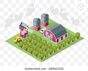 Set of Isolated Isometric Minimal City Elements. Farm with Shadows on Transparent Background