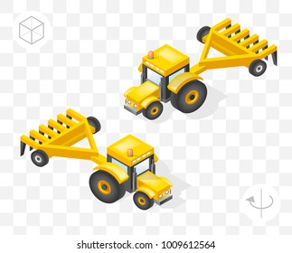 Set of Isolated Isometric Minimal City Elements . Tractor with Shadows on Transparent Background