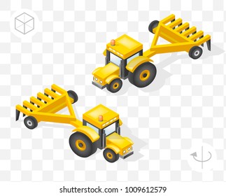 Set of Isolated Isometric Minimal City Elements . Tractor with Shadows on Transparent Background