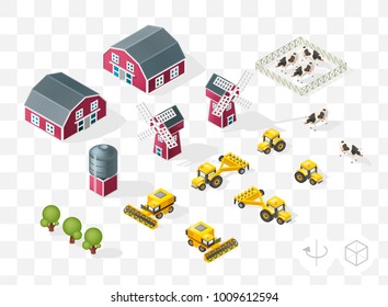 Set of Isolated Isometric Minimal City Elements . Farm with Shadows on Transparent Background