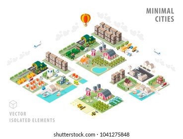 Set of Isolated Isometric Minimal City Maps . Elements with Shadows on White Background