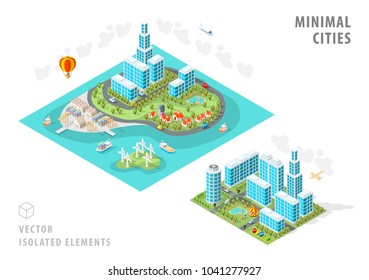 Set of Isolated Isometric Minimal City Maps . Elements with Shadows on White Background
