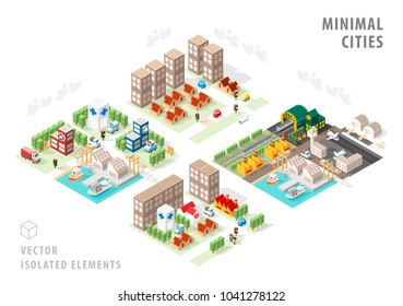 Set of Isolated Isometric Minimal City Maps . Elements with Shadows on White Background