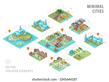 Set of Isolated Isometric Minimal City Maps . Elements with Shadows on White Background