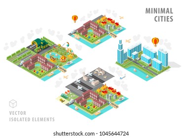 Set of Isolated Isometric Minimal City Maps . Elements with Shadows on White Background