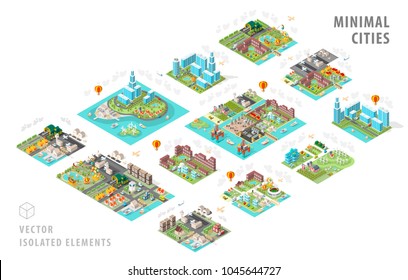 Set of Isolated Isometric Minimal City Maps . Elements with Shadows on White Background