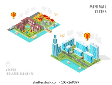 Set of Isolated Isometric Minimal City Maps . Elements with Shadows on White Background