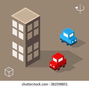 Set of Isolated Isometric Minimal City Elements. Skyscraper and Cars with Shadows,