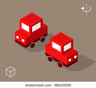 Set of Isolated Isometric Minimal City Elements. Red Car with Shadows.