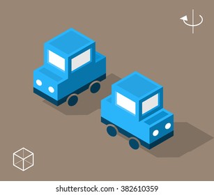 Set of Isolated Isometric Minimal City Elements. Blue Car with Shadows.