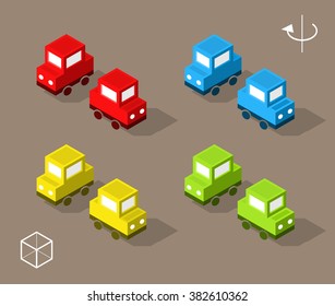 Set of Isolated Isometric Minimal City Elements. Color Cars with Shadows.