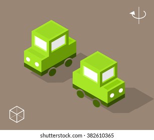 Set of Isolated Isometric Minimal City Elements. Green Car with Shadows.