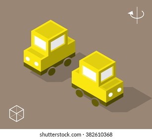 Set of Isolated Isometric Minimal City Elements. Yellow Car with Shadows.