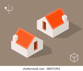 Set of Isolated Isometric Minimal City Elements. House with Shadows.