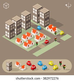 Set of Isolated Isometric Minimal City Elements. Town with Shadows.