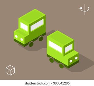 Set of Isolated Isometric Minimal City Elements. Green Van with Shadows.