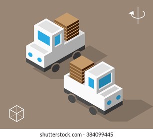 Set of Isolated Isometric Minimal City Elements. White Pickup Truck with Shadows.