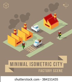 Set of Isolated Isometric Minimal City Elements. Factory Scene with Shadows.