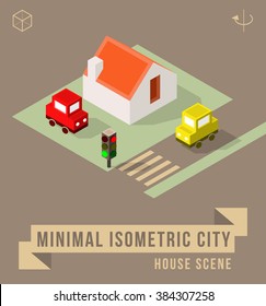 Set of Isolated Isometric Minimal City Elements. Town with Shadows.