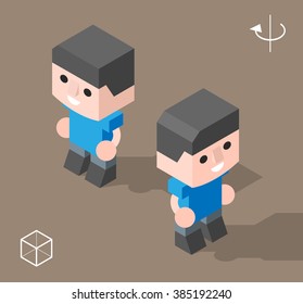 Set of Isolated Isometric Minimal City Elements. Man with Shadows.
