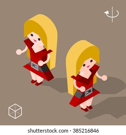 Set of Isolated Isometric Minimal City Elements. Woman with Shadows.