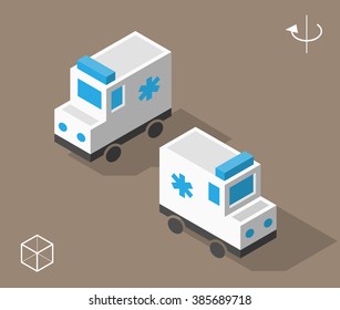 Set of Isolated Isometric Minimal City Elements. Ambulance with Shadows.