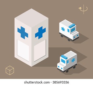 Set of Isolated Isometric Minimal City Elements. Hospital with Shadows.