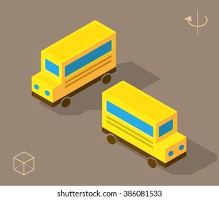 Set of Isolated Isometric Minimal City Elements. School Bus with Shadows.