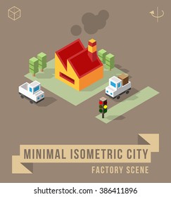 Set of Isolated Isometric Minimal City Elements. Factory Scene with Shadows.
