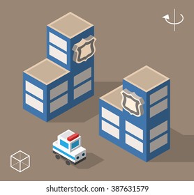 Set of Isolated Isometric Minimal City Elements. Police Department with Shadows.