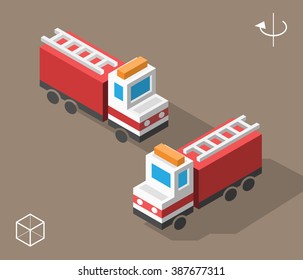 Set of Isolated Isometric Minimal City Elements. Fire Truck with Shadows.