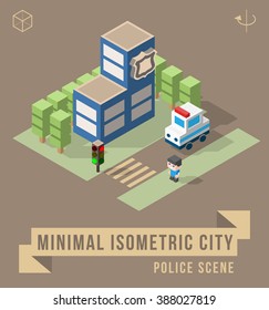 Set of Isolated Isometric Minimal City Elements. Police Department Scene with Shadows.